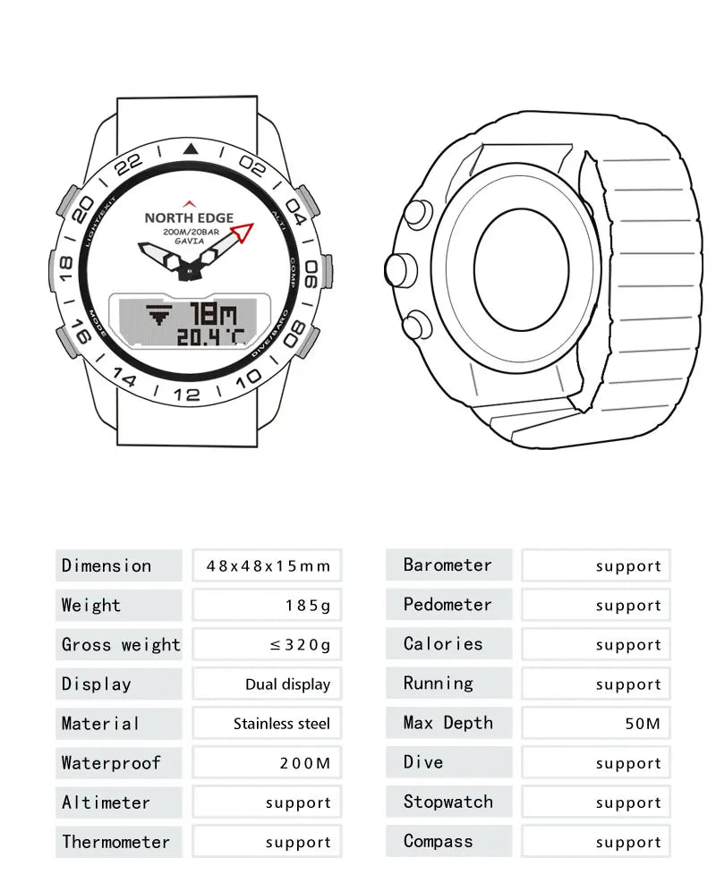 NORTH EDGE Men's Dive Watch Military Army Luxury Full Steel Smartwatch Compass Altimeter Barometer Digital Clock Waterproof 200m