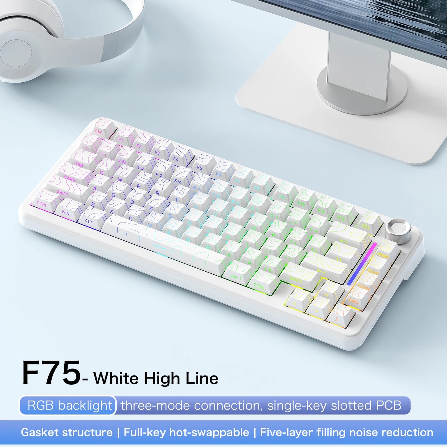 F75 Mechanical Keyboard FREEWOLF 81 Keys Layout Metal Knobs PBT Keycaps,Fully Hot-swappable Keys RGB Multi-color Backlighting