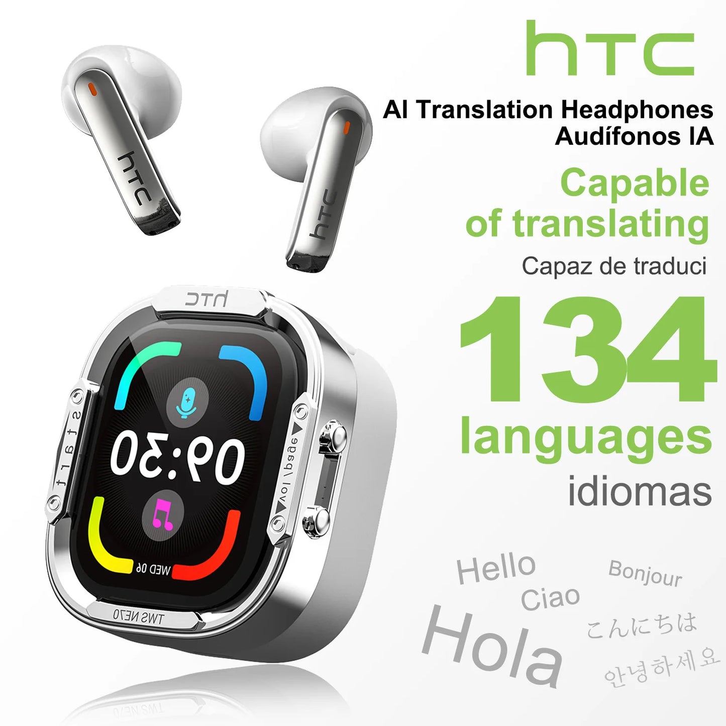 HTC NE70 Bluetooth Earphones Touch Screen TWS in-Ear Wireless Headphones AI Translator Noise Reduction Earbuds Game Heatset
