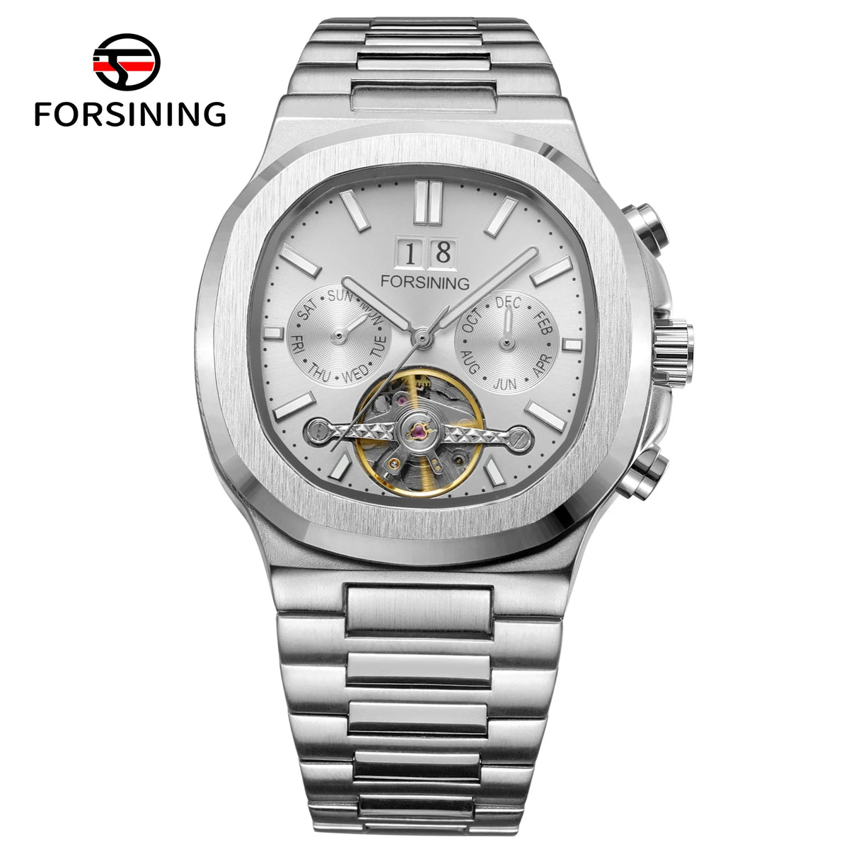 Forsining 481 Man New Tourbillon Brands Watch Week Date Automatic Movement Mechanical Watches Stainless Steel Waterproof Clock