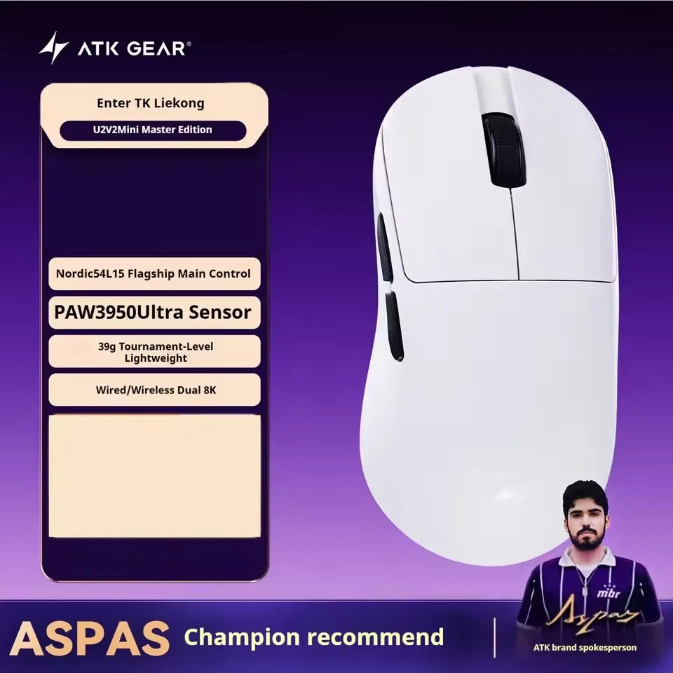 NEW ATK U2 V2 Mini Ultimate Wireless Gaming Mouse Tri-model Lightweight PAW3950Ultra 8KHz 500mAh Custom Ergonomic E-sports Mouse