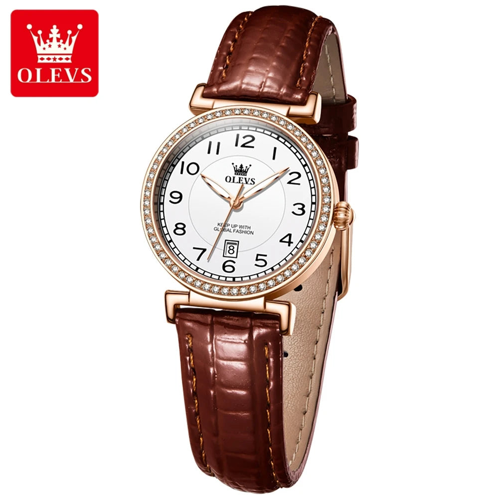 OLEVS 2025 New Fashion Womens Watches Top Brand Luxury Leather Strap Waterproof Calendar Diamond Quartz Watch Relogio Feminino