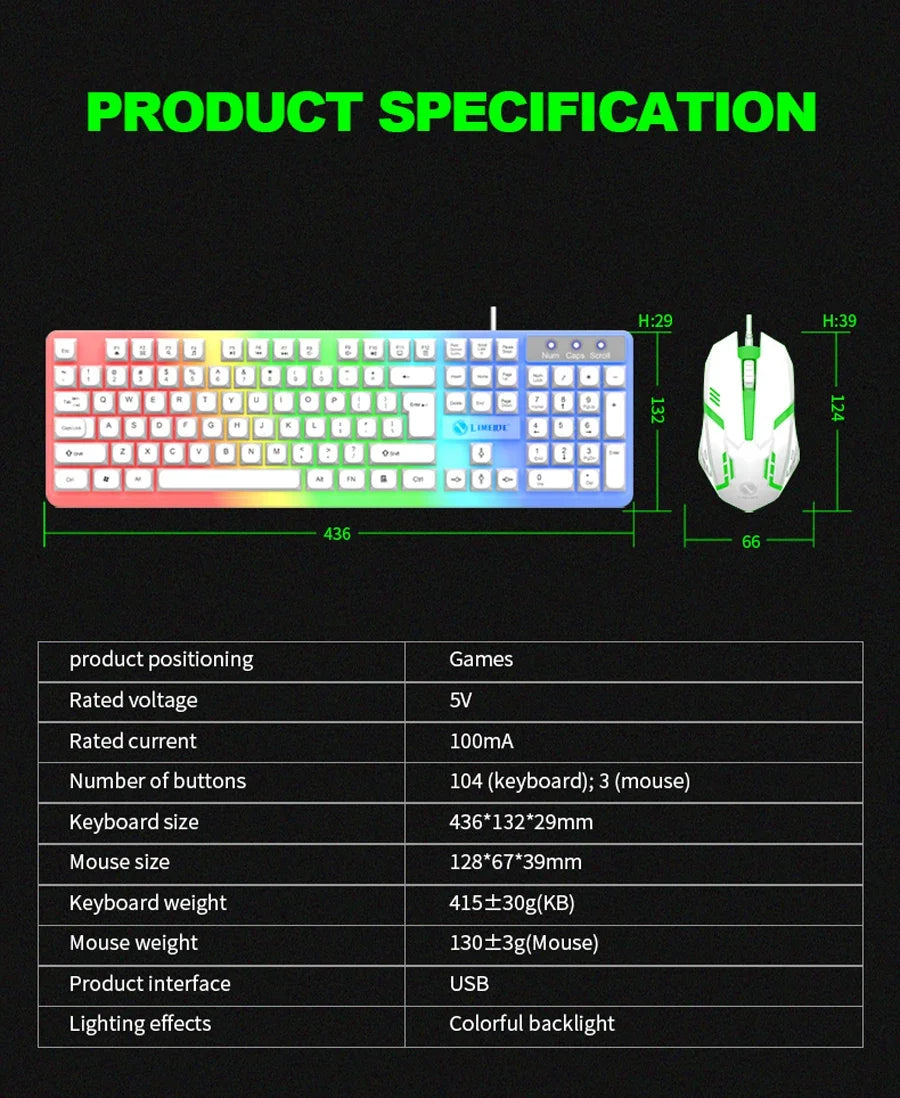NG GTX350 Set tastiera e mouse gaming per computer e laptop con retroilluminazione, kit gamer LED cablato USB, GTX350 - Nero