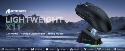 ATTACK SHARK X11 Wireless Gaming Mouse with Charging Dock PixArt PAW3311 Gaming Sensor, BT/2.4G Wireless/Wired