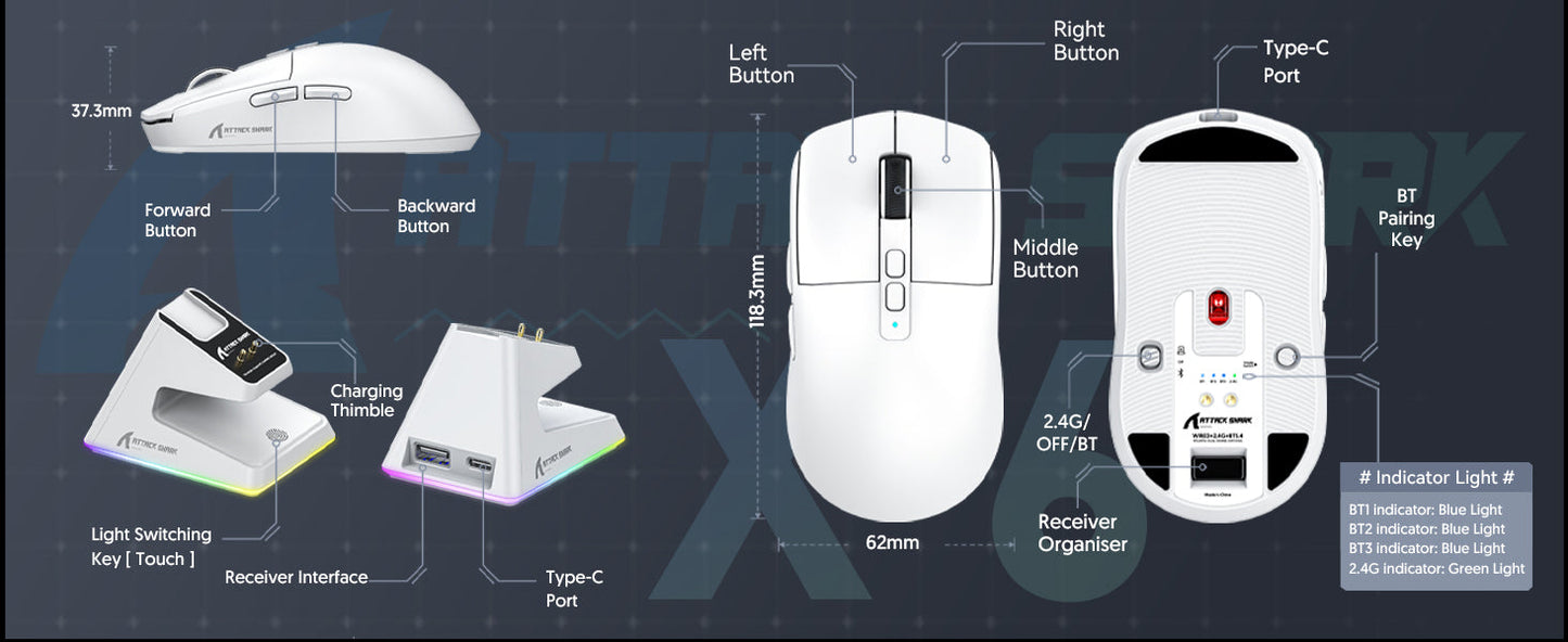 ATTACK SHARK X6 49g SUPERLIGHT Gaming Mouse With Charging Dock, PixArt PAW3395 Gaming Sensor, BT/2.4G Wireless/Wired, 26000 DPI