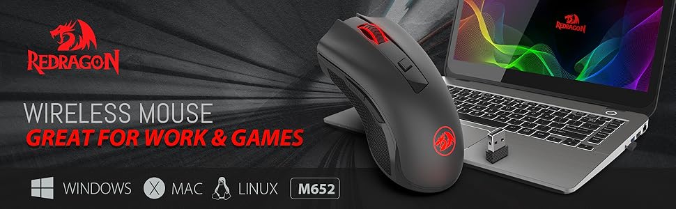 Redragon M652 Optical 2.4G Wireless Mouse with USB Receiver, Portable Gaming & Office Mice, 5 Adjustable DPI Levels