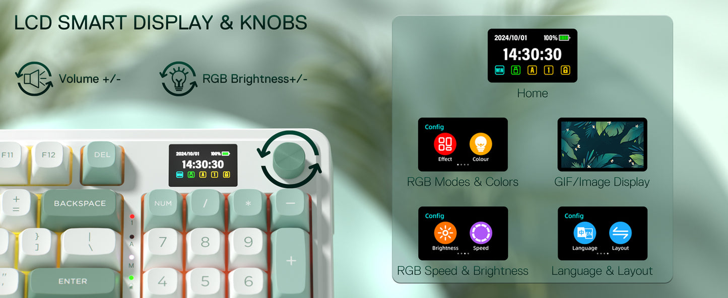 Redragon K719 Wireless Gasket Gaming 95 Keys Mechanical Keyboard,Easy-Control 1.14’’ TFT Info Display,Mint Mambo Switches
