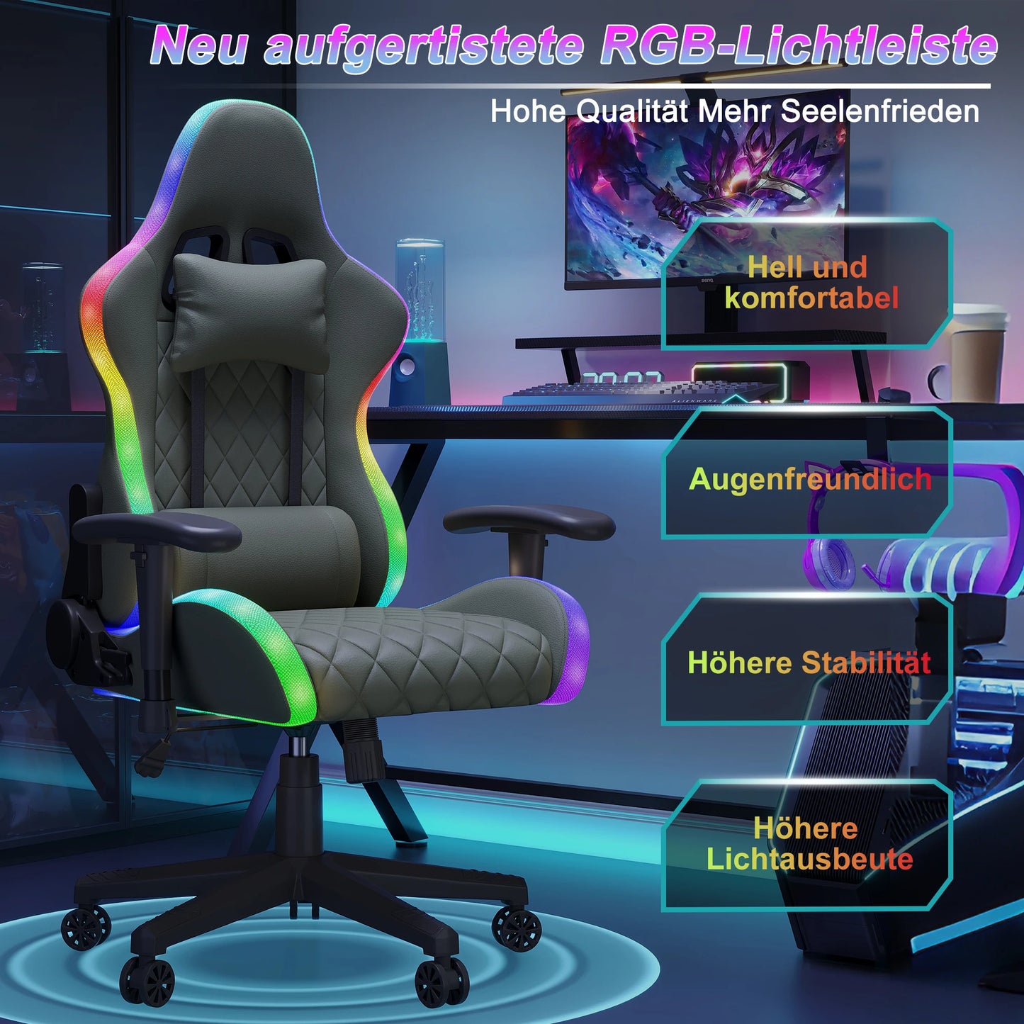 Comanlai Ergonomic Gaming Chair with RGB Lighting, PVC Leather Computer Chair, Adjustable Seat Height and Backrest, Waist Massage