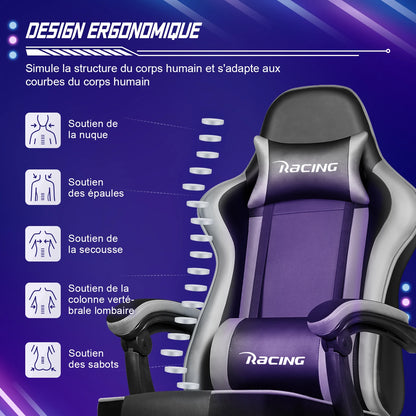 Portreen Gaming chair with footrest, ergonomic gaming chair, gaming armchair with adjustable lumbar cushion and headrest, height-adjustable swivel, rocking function up to 170°, gaming chair for up to 150 kg, black, perfect f