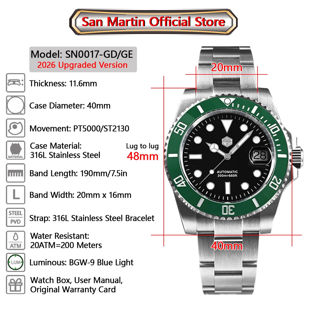 San Martin New 40mm Water Ghost Diver Watch Men Luxury NH35 PT5000 Automatic Mechanical Watch Sapphire Waterproof 200m SN0017