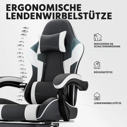 Black & White Gaming Chair, Ergonomic PU Leather Computer Chair with Footrest, Adjustable Swivel Office Chair with Lumbar Support & Headrest, Breathable High-Back Chair for Gaming & Work