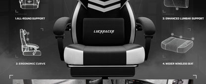 LUCK RACER Gaming chair, Connected Armrests Office Chair, Memory Foam Cushion, 90-155 ° Incline Angle and Footrest