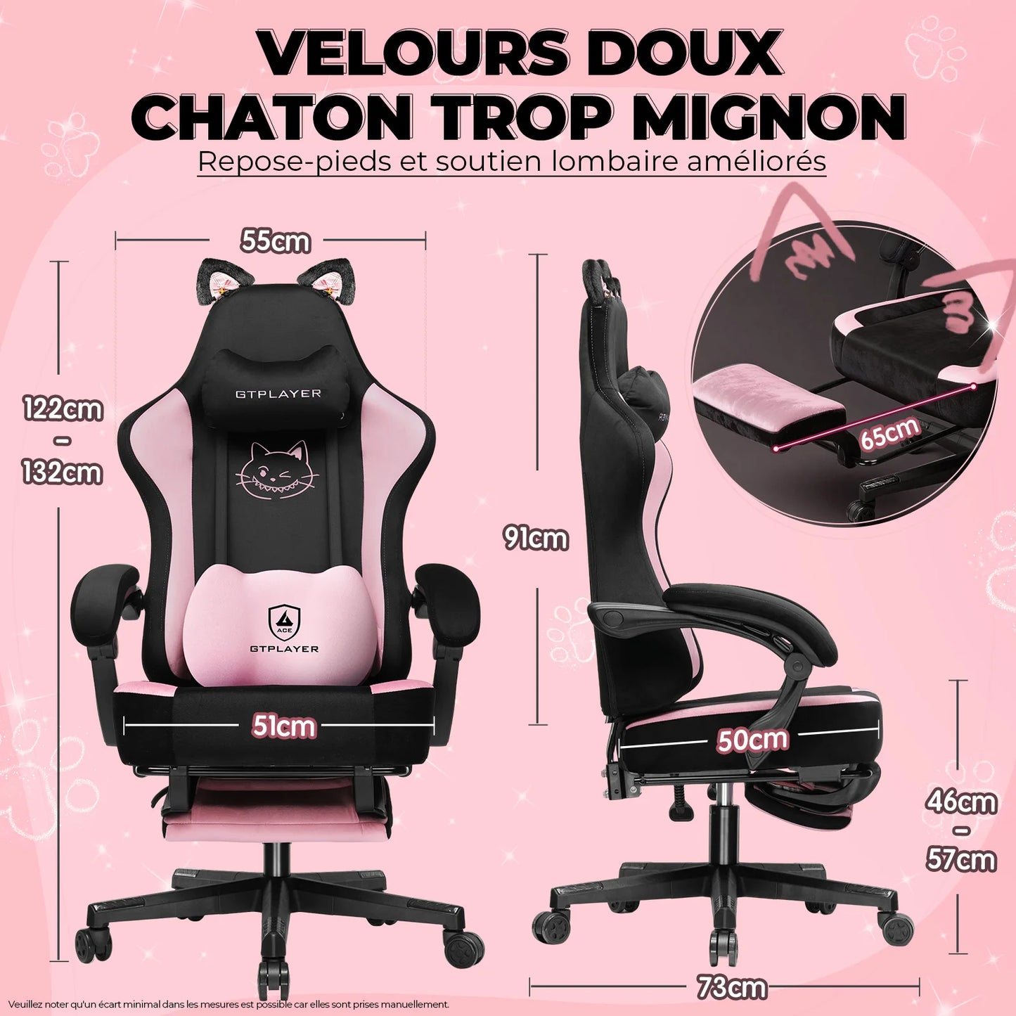 GTPLAYER Cute Gaming chair with Velvet Fabric Ergonomic Office Chair Gamer chair with Cat Ears 150kg Pink