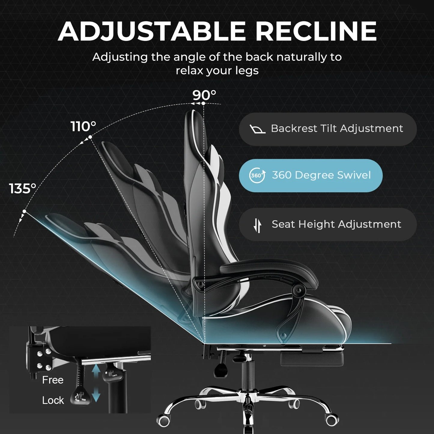 GTPLAYER Gaming chair with Massage Ergonomic Desk chair Footrest Headrest Rotary chair for office and Gamers