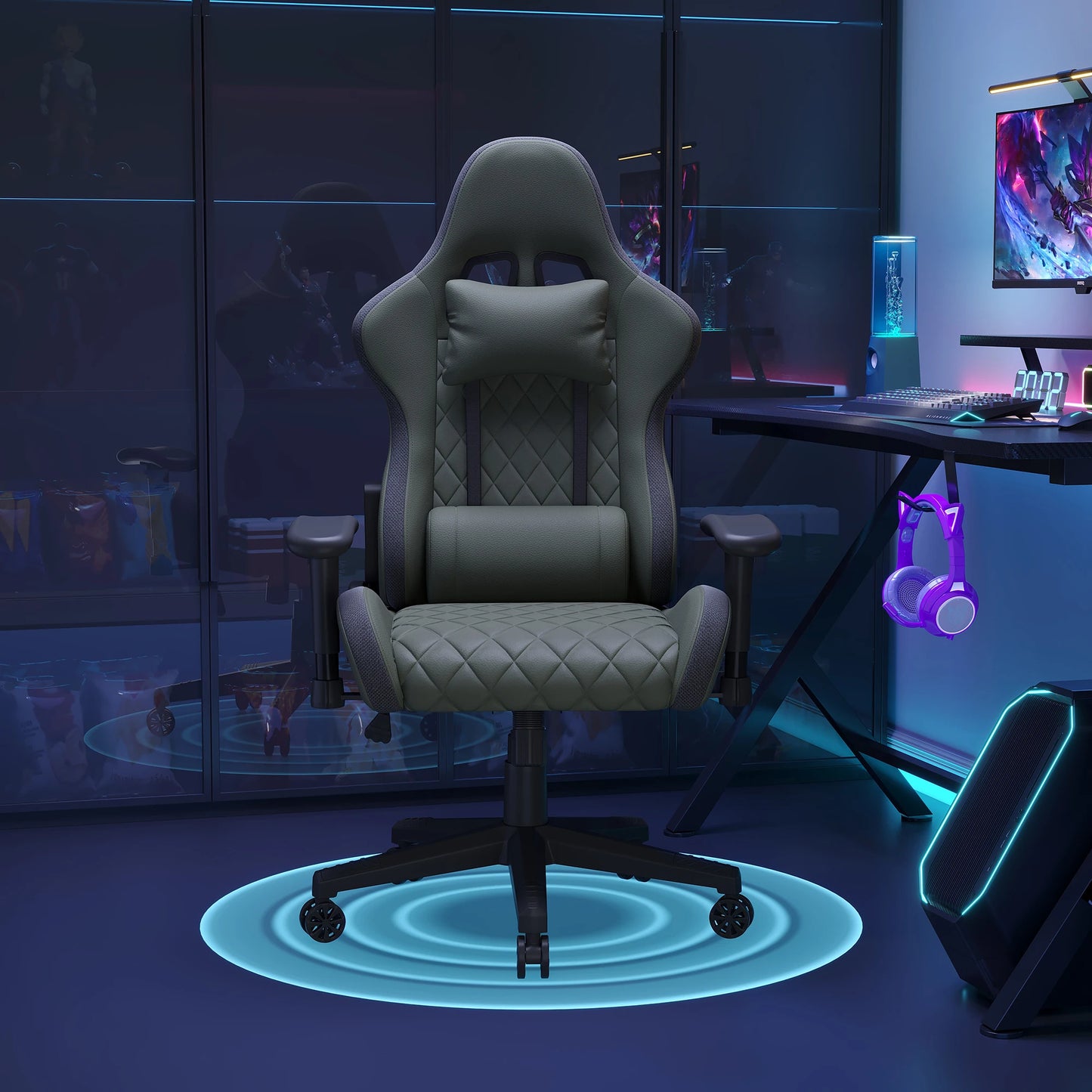 Comanlai Ergonomic Gaming Chair with RGB Lighting, PVC Leather Computer Chair, Adjustable Seat Height and Backrest, Waist Massage