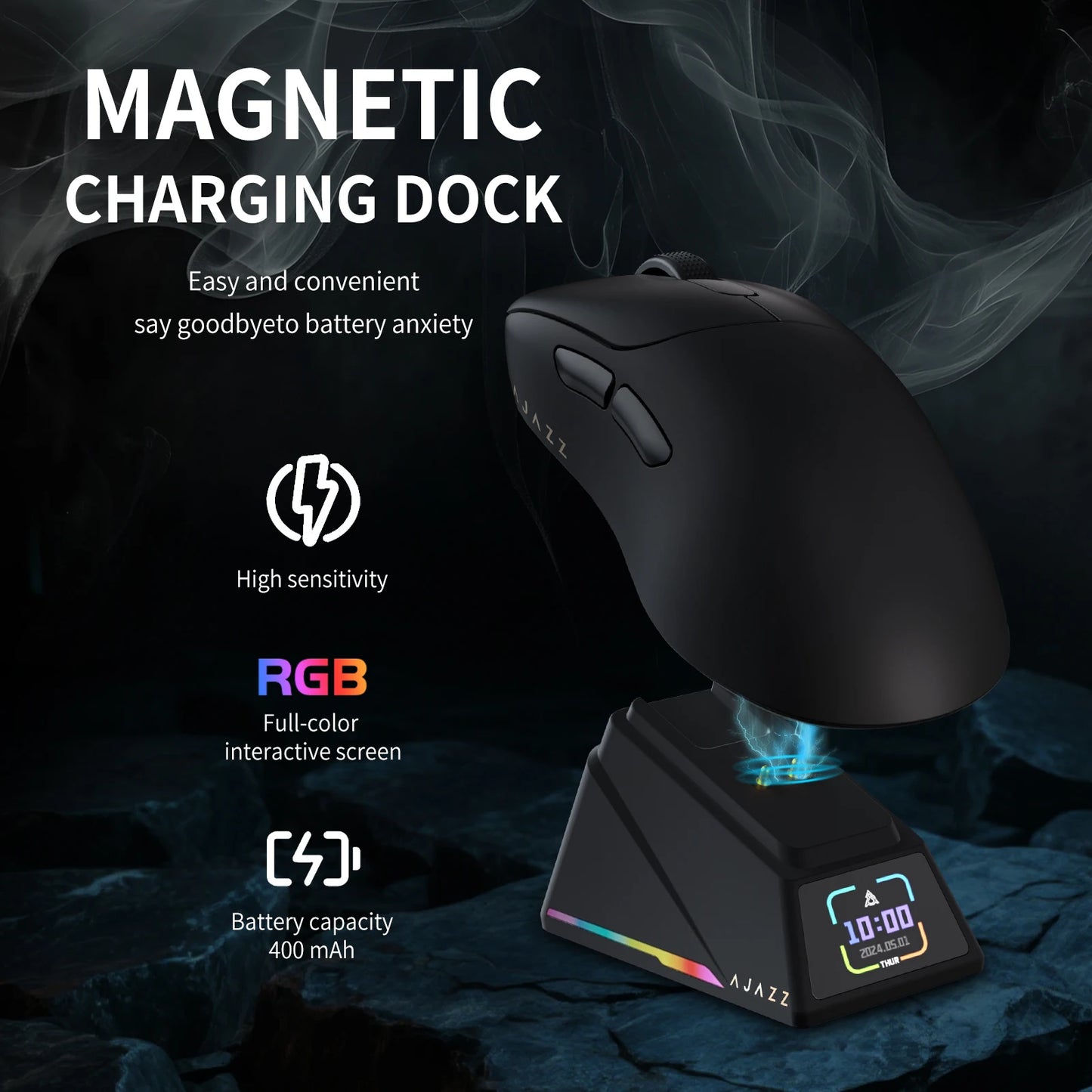 AJAZZ AJ179 APEX Gaming Mouse with Color Screen Dock, Magnetic Charging, 8000Hz High-Frequency /, Tri-Mode (PAW3950) Right-Hande