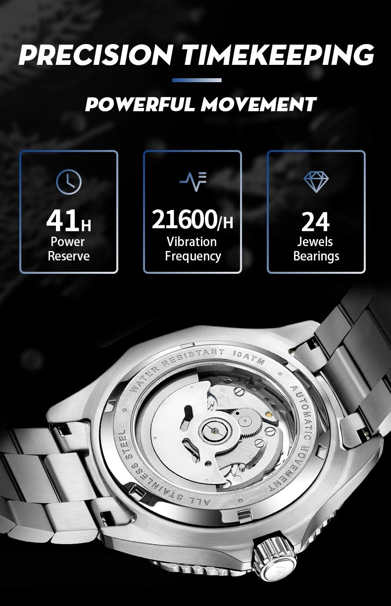 WM Watch Automatic Mechanical Watches Ceramic Bezel Anti-reflective Coating 100 Water Resistant Sapphire Welly Merck Watch 189M