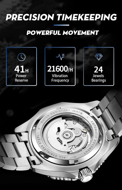 WM Watch Automatic Mechanical Watches Ceramic Bezel Anti-reflective Coating 100 Water Resistant Sapphire Welly Merck Watch 189M