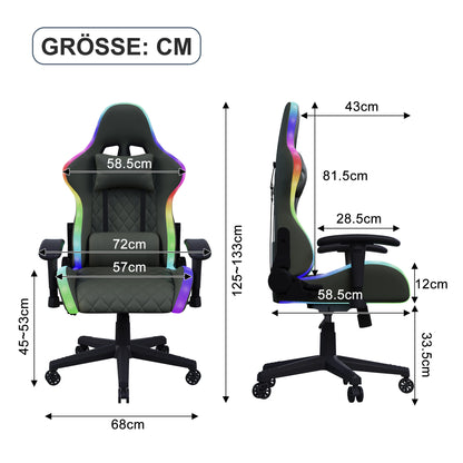 Comanlai Ergonomic Gaming Chair with RGB Lighting, PVC Leather Computer Chair, Adjustable Seat Height and Backrest, Waist Massage