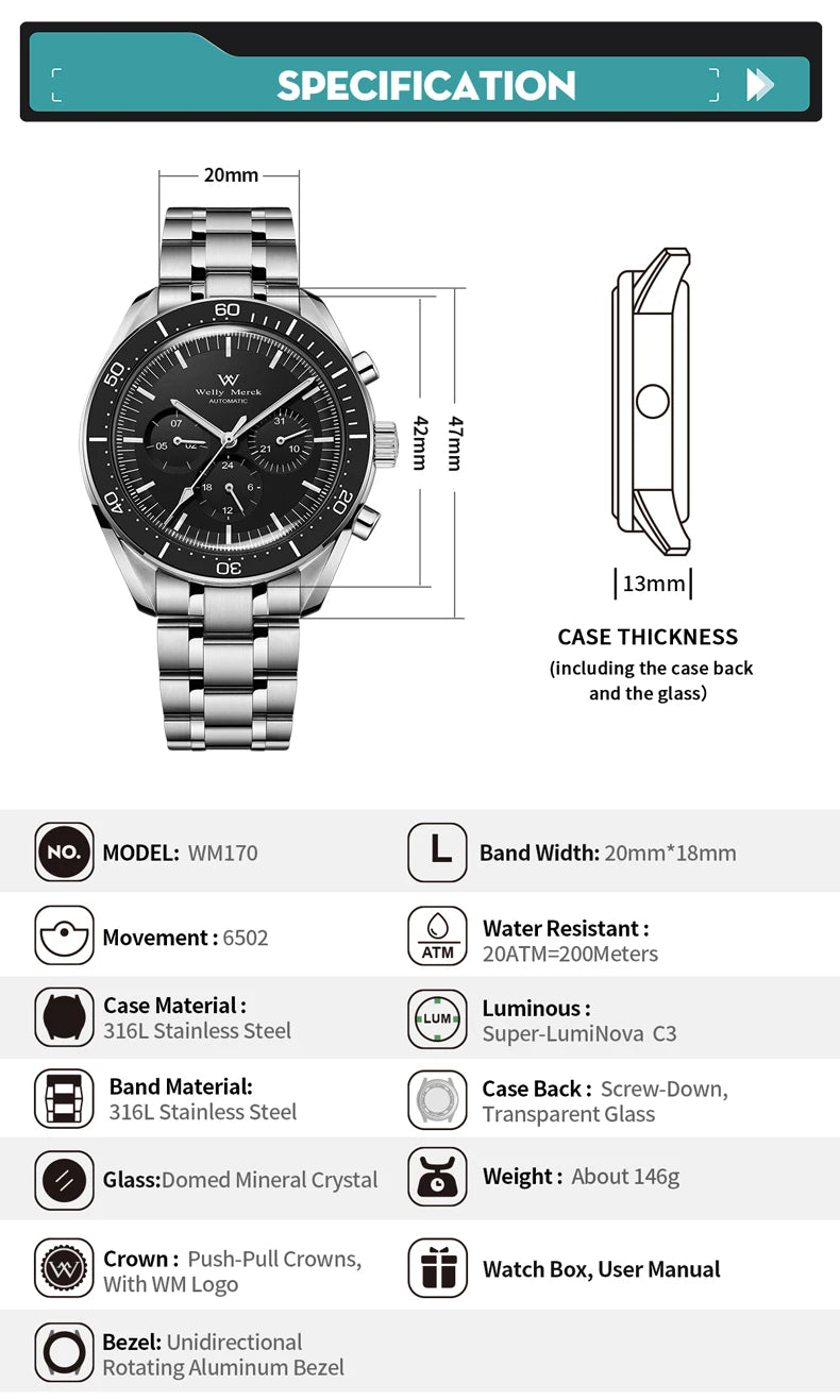 WM Watch Automatic Mechanical Watch 200M Waterproof Casual Classic Business Welly Merck Men Watches 170M-WM