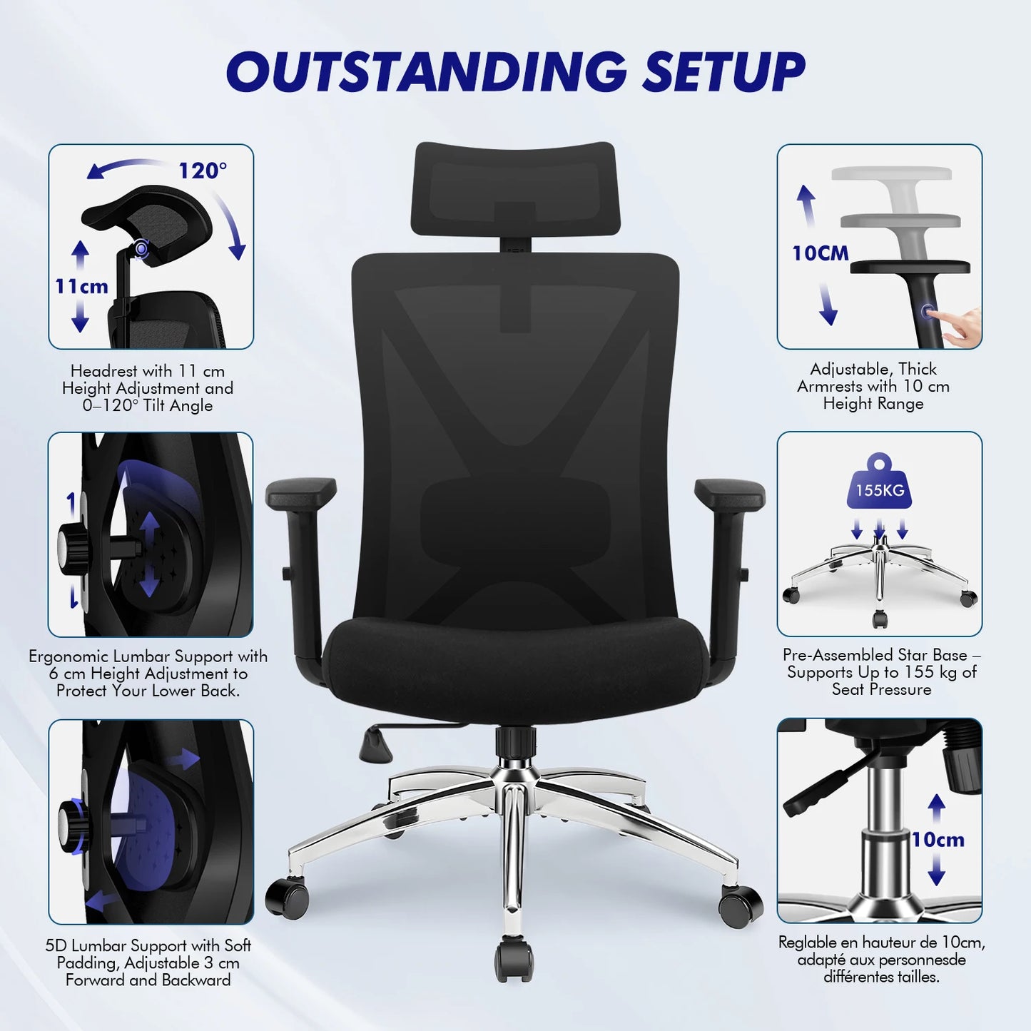 Hiazurm Office Chair Ergonomic, Desk Chair with Lumbar Support 3D, Height-adjustable Office Chairs for home with Adjustable Headrest and Armrests, Computer Chairs Ideal for Company,  Home and Gaming