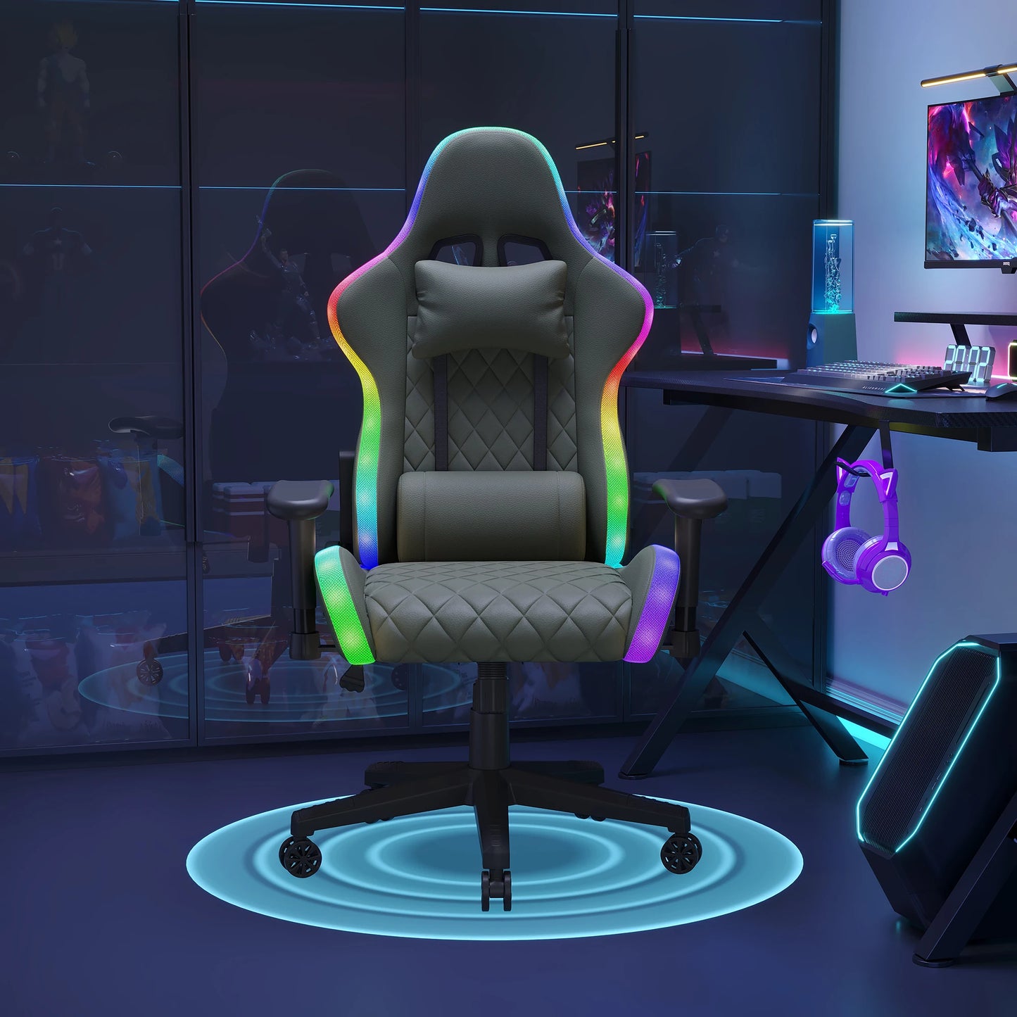 Comanlai Ergonomic Gaming Chair with RGB Lighting, PVC Leather Computer Chair, Adjustable Seat Height and Backrest, Waist Massage