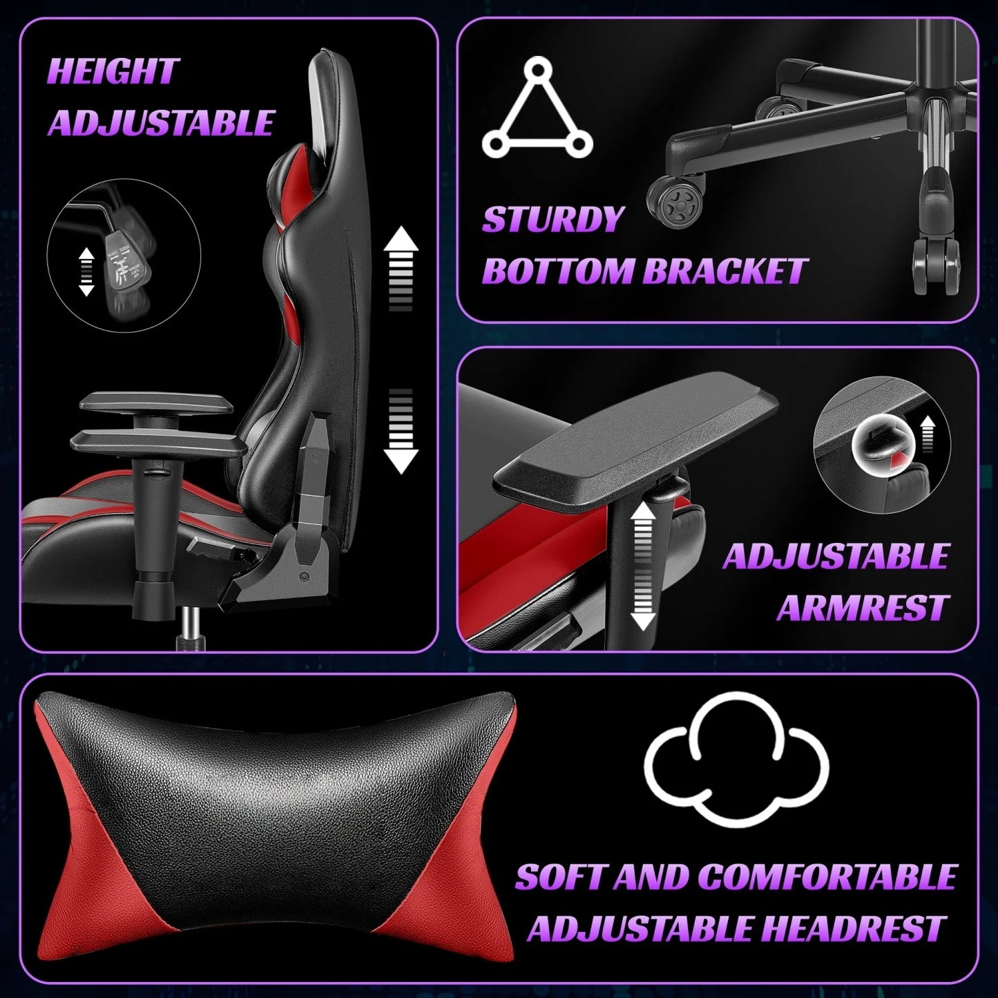 Gaming chair multi-directional adjustable PU leather ergonomic lumbar support Headrest Black Red