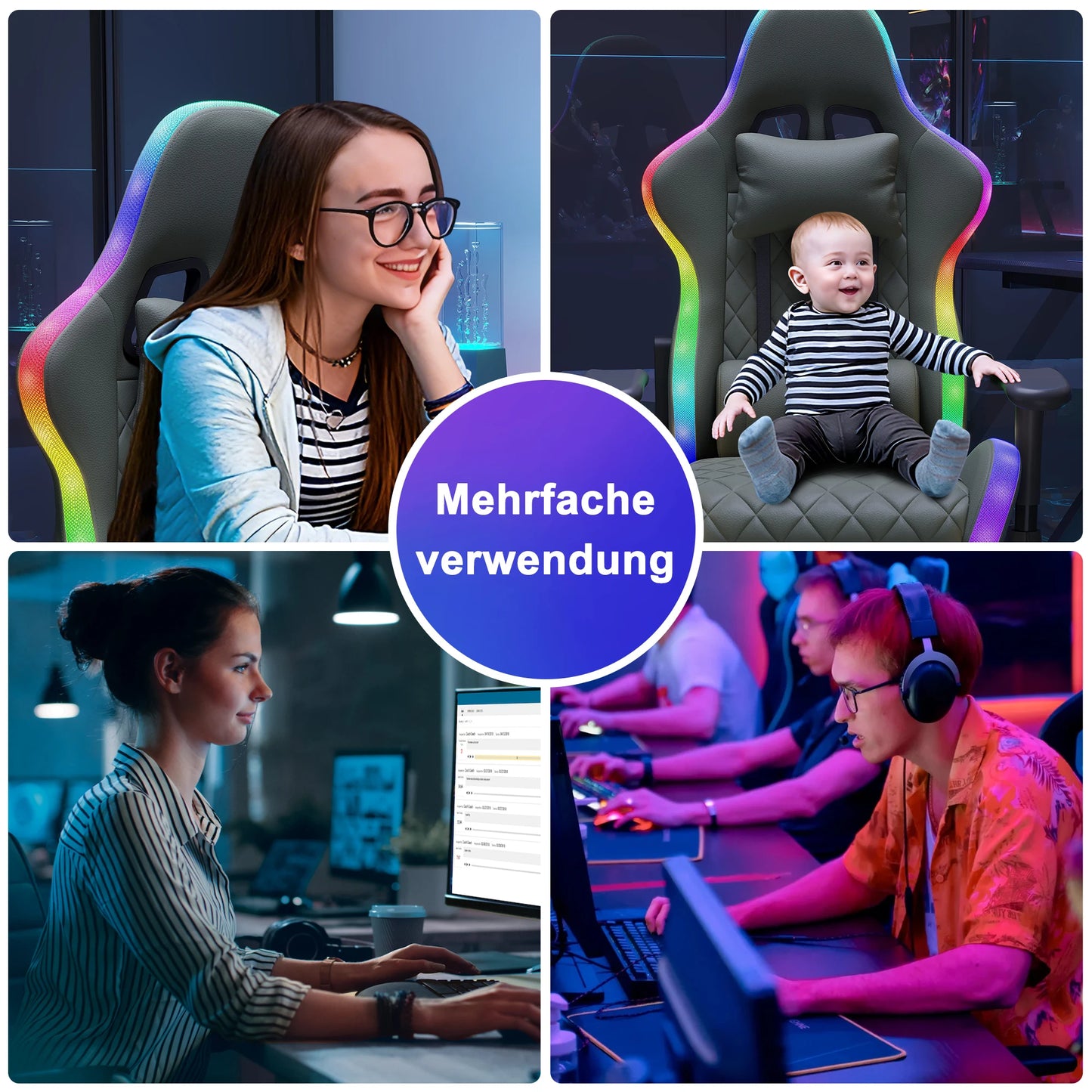 Comanlai Ergonomic Gaming Chair with RGB Lighting, PVC Leather Computer Chair, Adjustable Seat Height and Backrest, Waist Massage