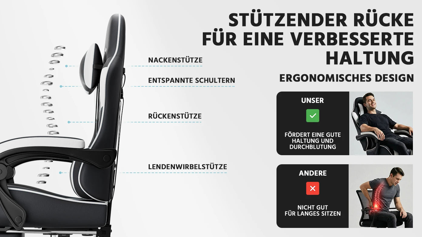 Black & White Gaming Chair, Ergonomic PU Leather Computer Chair with Footrest, Adjustable Swivel Office Chair with Lumbar Support & Headrest, Breathable High-Back Chair for Gaming & Work