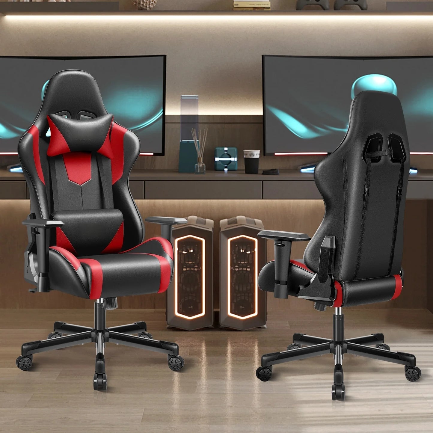 Gaming chair multi-directional adjustable PU leather ergonomic lumbar support Headrest Black Red