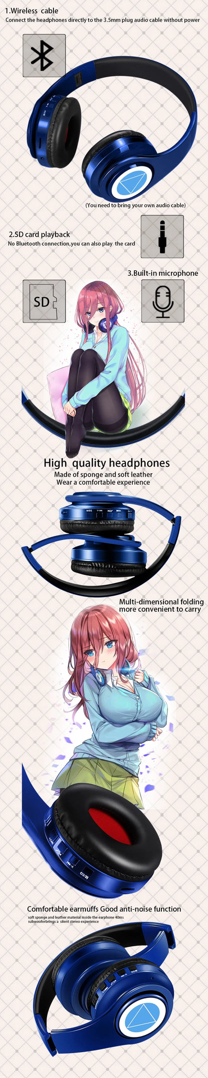 Miku Nakano Sanjiu Cosplay Bluetooth Headset 5.0 Over-ear Stereo Anime Headphones  for Mobile Phone