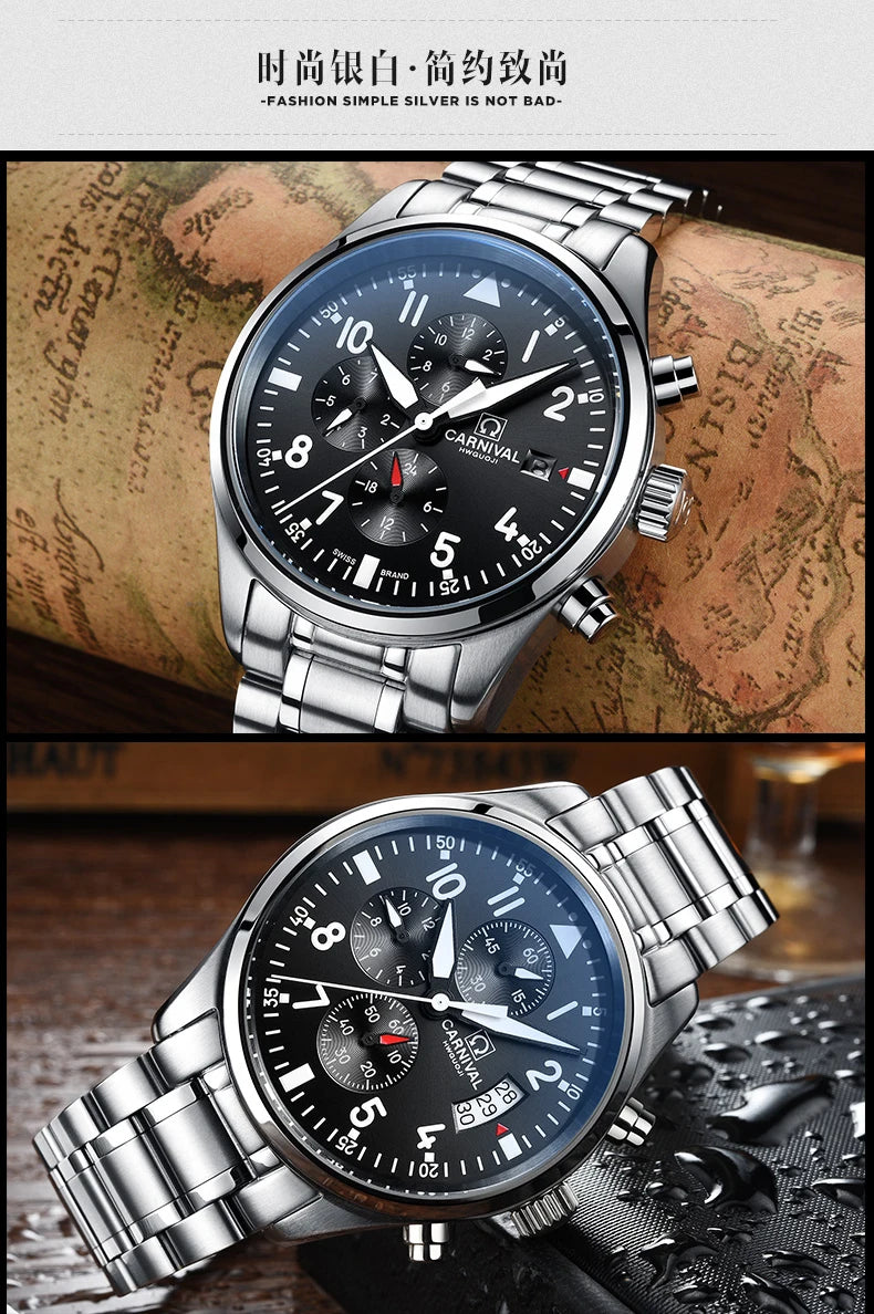Chronograph luminous military running sport full steel men stop watch genuine leather strap luxury brand watches sapphire reloj