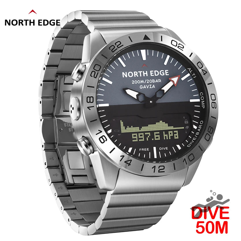NORTH EDGE Men's Dive Watch Military Army Luxury Full Steel Smartwatch Compass Altimeter Barometer Digital Clock Waterproof 200m