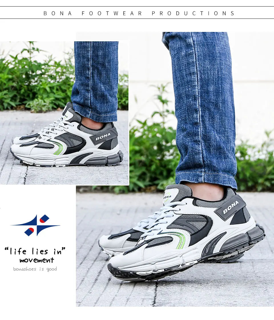 BONA New Designers Action Leather Mesh Men Running Shoes Sneakers Trainers Lightweight Antiskid Outdoor Walking Shoes Man
