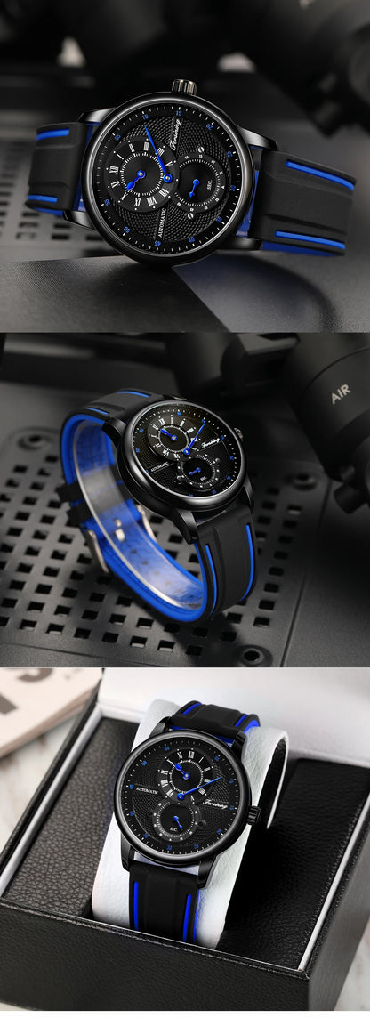 Men Wristwatch Blue White Dial Automatic Transparent Mechanical Watch Silicone Rubber Band Male Sport Clock Relogio Masculino