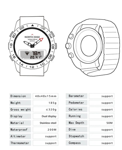 NORTH EDGE Men's Dive Watch Military Army Luxury Full Steel Smartwatch Compass Altimeter Barometer Digital Clock Waterproof 200m