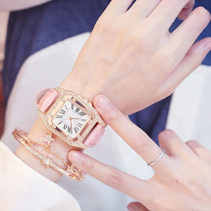 Square Women Watches Waterproof Luxury Rhinestone Quartz Wristwatch PU Leather Ladies Watch Female Ladies Watch Gift Wrist Watch