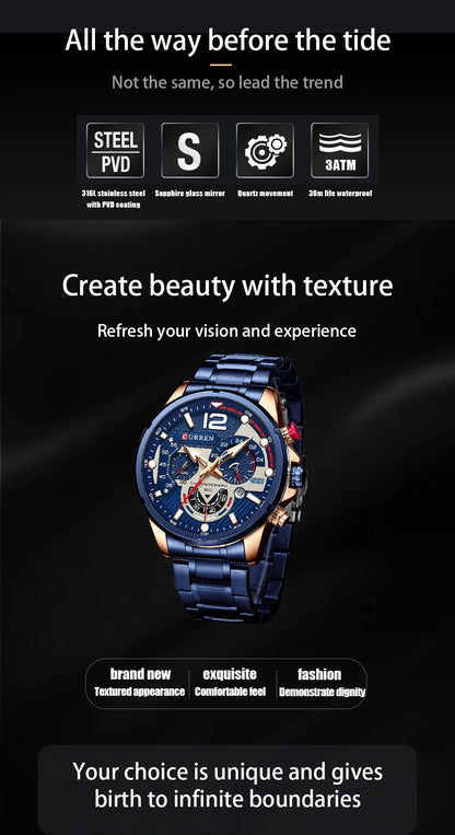 CURREN Casual Business Chronograph Waterproof Stainless Steel Watch Mens New Luxury Fashion Quartz Men wristwatch  часы мужские