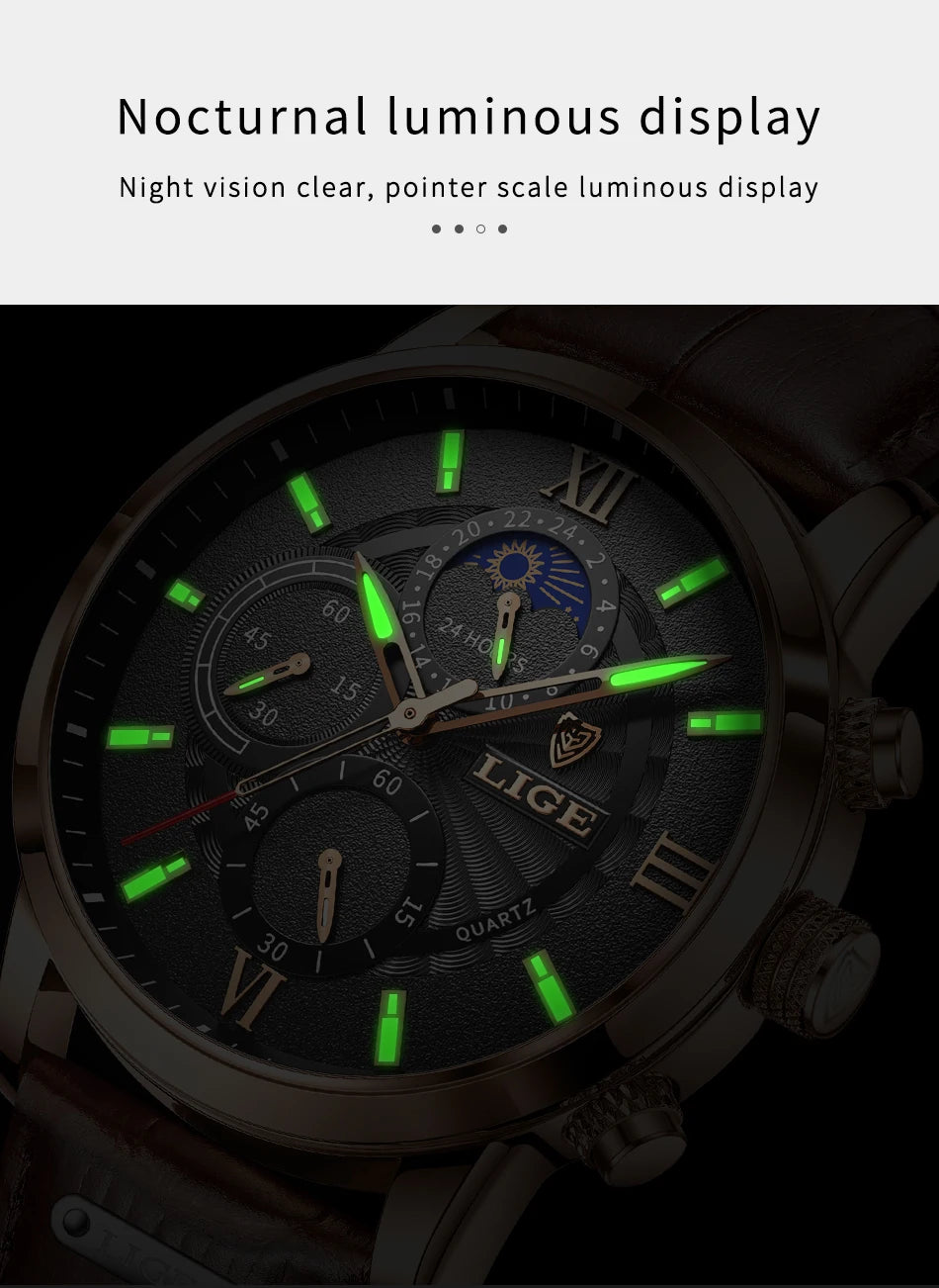 2025 New Mens Watches LIGE Top Brand Luxury Leather Casual Quartz Watch Men's Sport Waterproof Clock Watch Relogio Masculino+Box