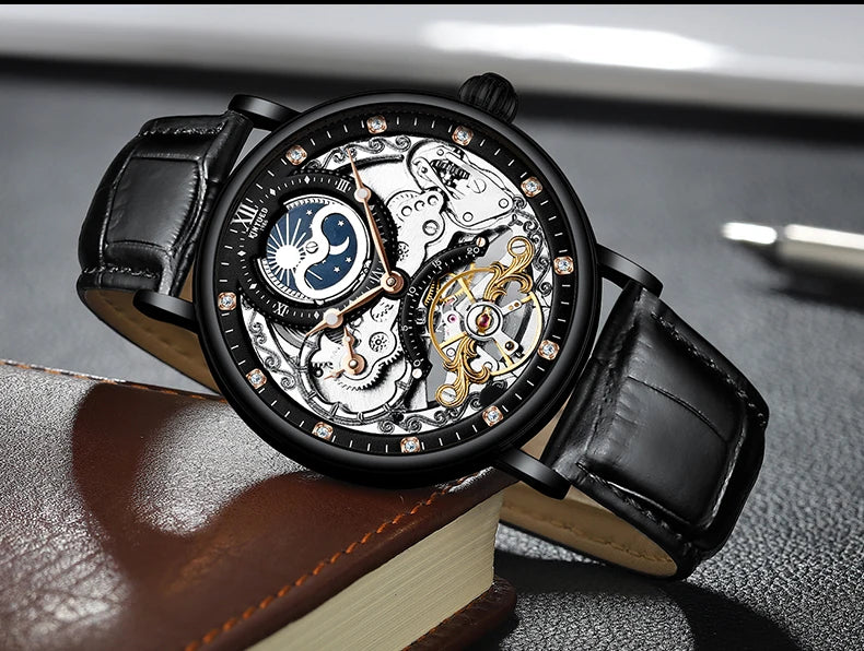 Relógio de homem KINYUED – Modelo de luxo, estilo esqueleto com turbilhão, movimento mecânico automático, caixa na cor ouro rosa, à prova de água.