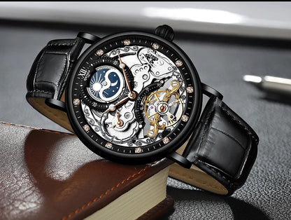 Relógio de homem KINYUED – Modelo de luxo, estilo esqueleto com turbilhão, movimento mecânico automático, caixa na cor ouro rosa, à prova de água.
