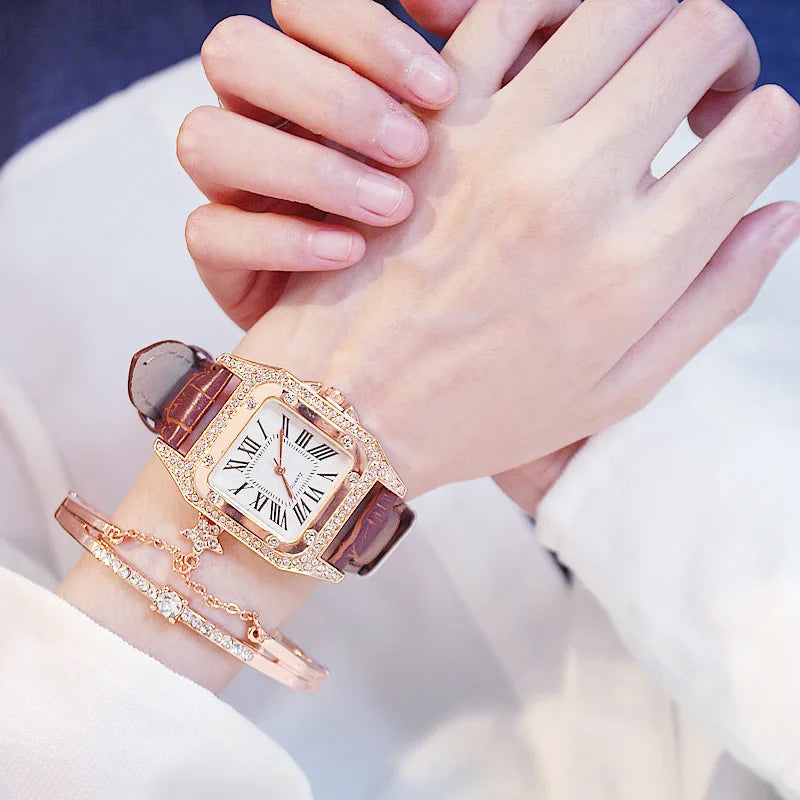Square Women Watches Waterproof Luxury Rhinestone Quartz Wristwatch PU Leather Ladies Watch Female Ladies Watch Gift Wrist Watch