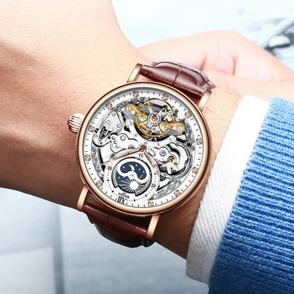 Relógio de homem KINYUED – Modelo de luxo, estilo esqueleto com turbilhão, movimento mecânico automático, caixa na cor ouro rosa, à prova de água.