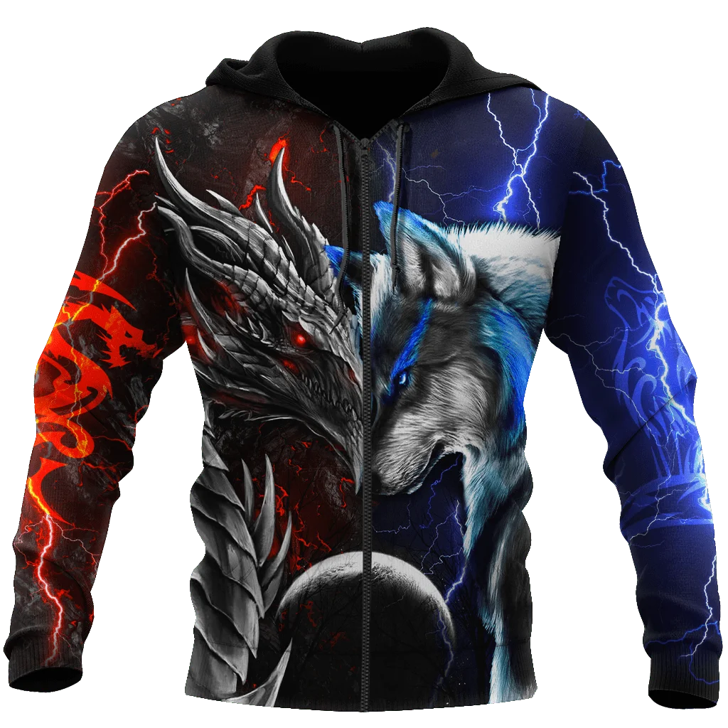 Červeno-modrý drak a vlk 3D tištěná módní pánská podzimní mikina s kapucí, unisex streetwear, ležérní mikina na zip / pulovr KJ494