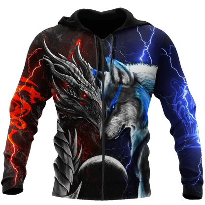 Červeno-modrý drak a vlk 3D tištěná módní pánská podzimní mikina s kapucí, unisex streetwear, ležérní mikina na zip / pulovr KJ494