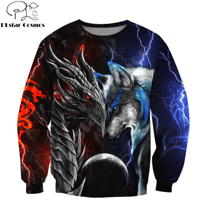 Červeno-modrý drak a vlk 3D tištěná módní pánská podzimní mikina s kapucí, unisex streetwear, ležérní mikina na zip / pulovr KJ494