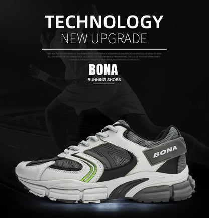 BONA New Designers Action Leather Mesh Men Running Shoes Sneakers Trainers Lightweight Antiskid Outdoor Walking Shoes Man