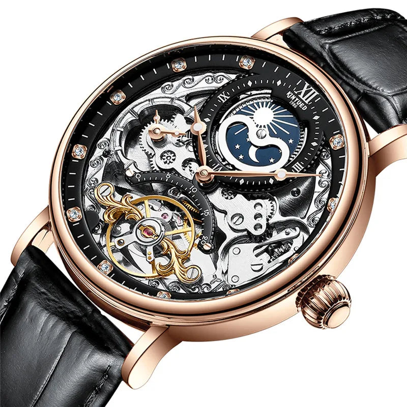 Relógio de homem KINYUED – Modelo de luxo, estilo esqueleto com turbilhão, movimento mecânico automático, caixa na cor ouro rosa, à prova de água.