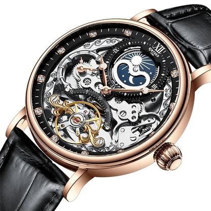 Relógio de homem KINYUED – Modelo de luxo, estilo esqueleto com turbilhão, movimento mecânico automático, caixa na cor ouro rosa, à prova de água.