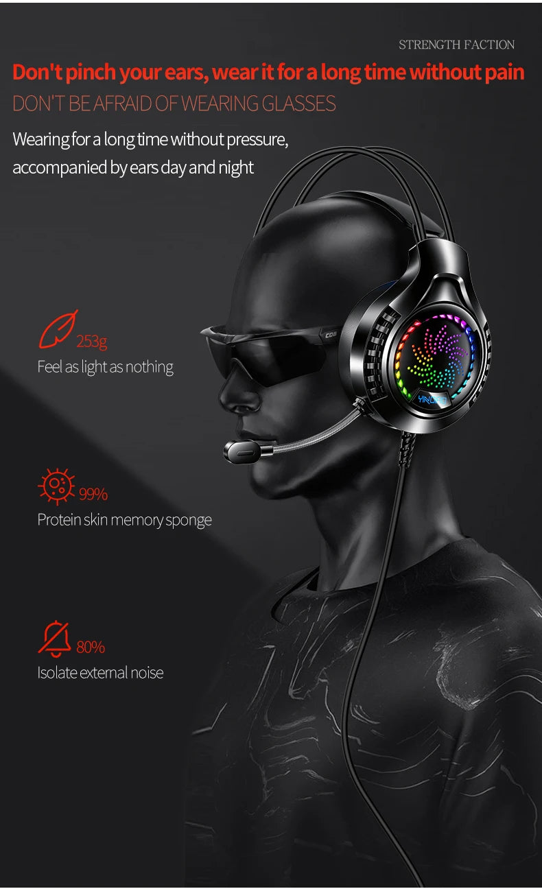 RGB Gaming Headset with Microphone 7.1 Surround HD Sound Stereo Dual 3.5mm USB Wired Headphone For PS5 PC Laptop Phone